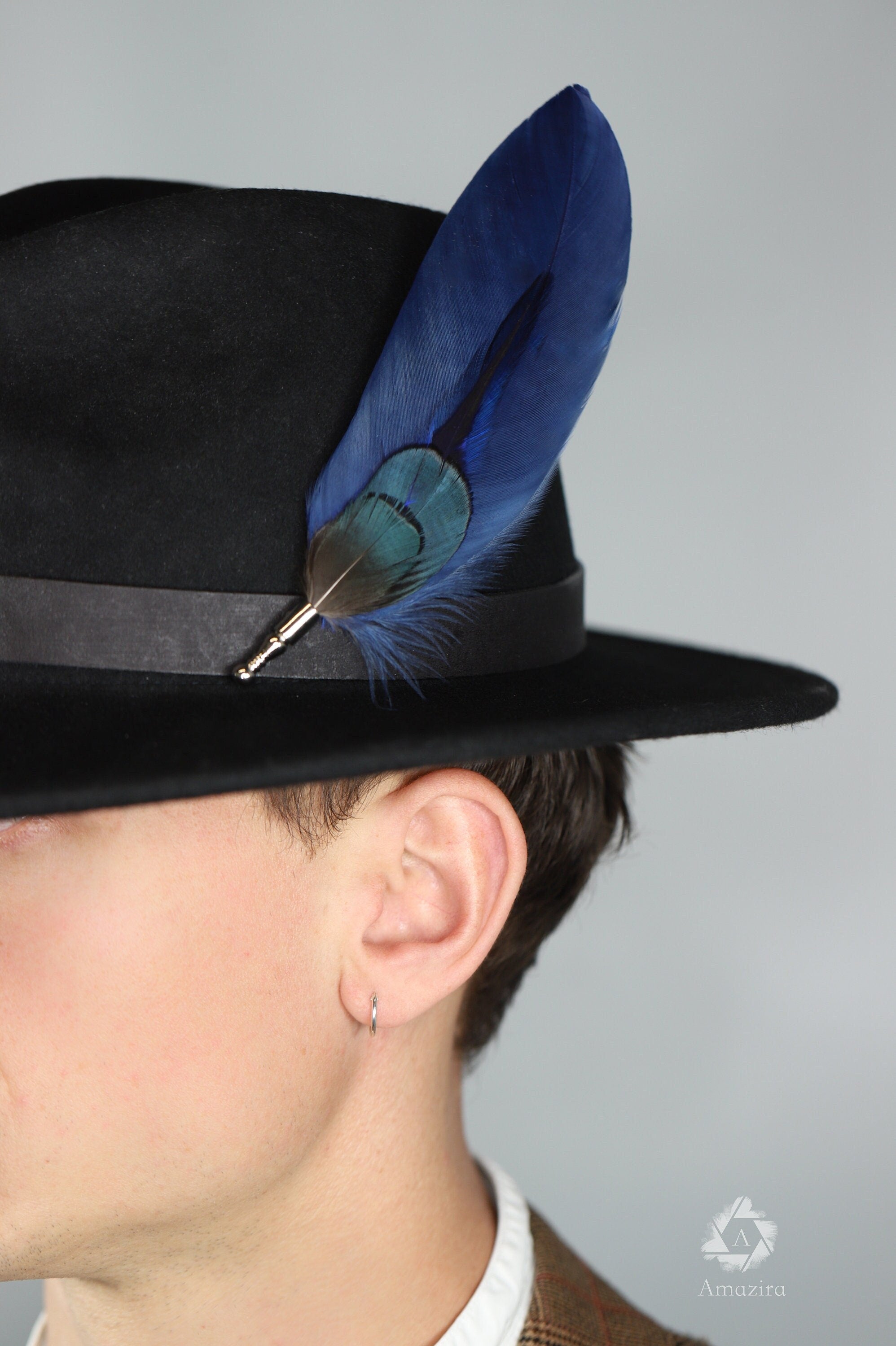Long Blue Feather Hat pin