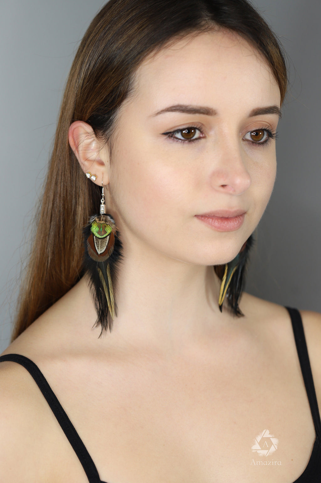 Black and green boho feather earring