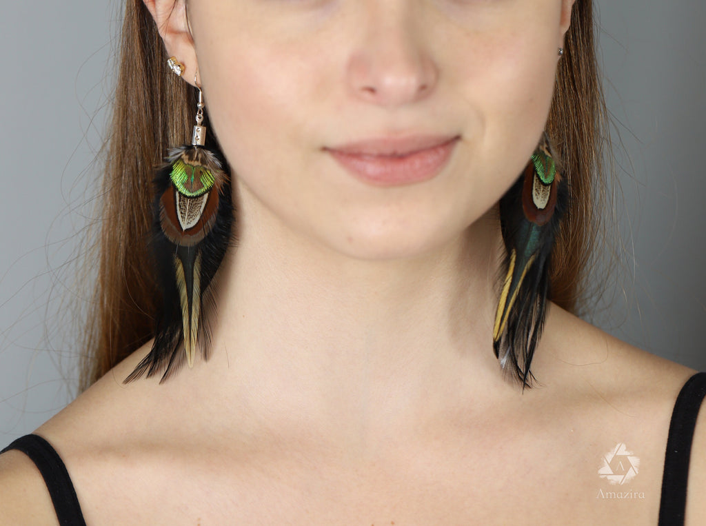 Black and green boho feather earring
