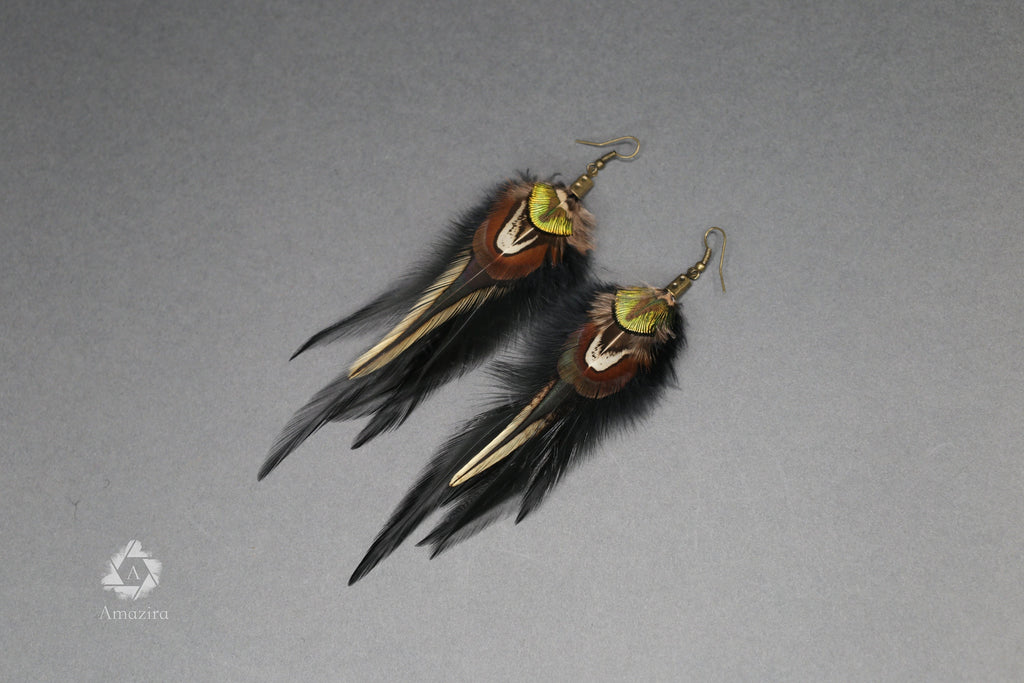 Black and green boho feather earring