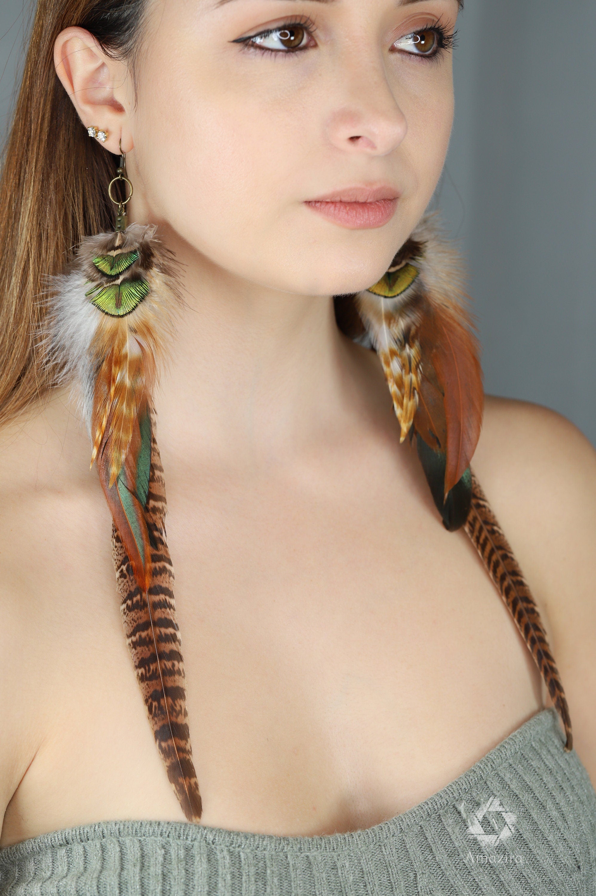 Extra long pheasant and peacock earrings