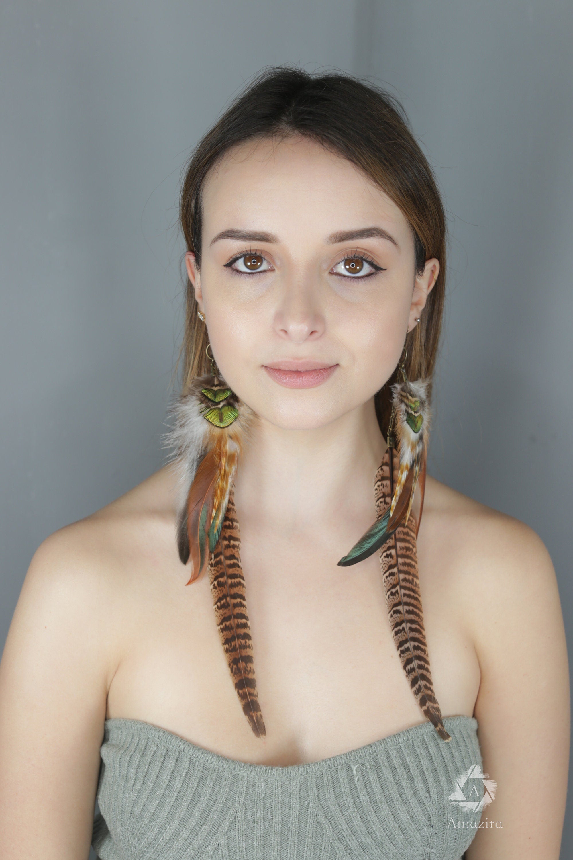 Extra long pheasant and peacock earrings