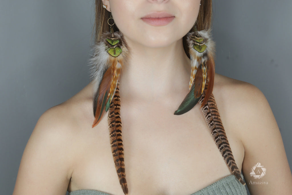 Extra long pheasant and peacock earrings