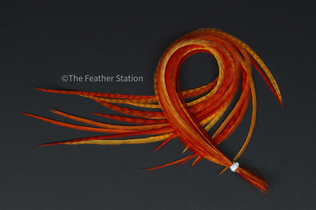 Sunset Real Feather hair extension kit, 20-25 cm / 9-11'' bright Red & Orange striped, boho hippie festival summer accessories