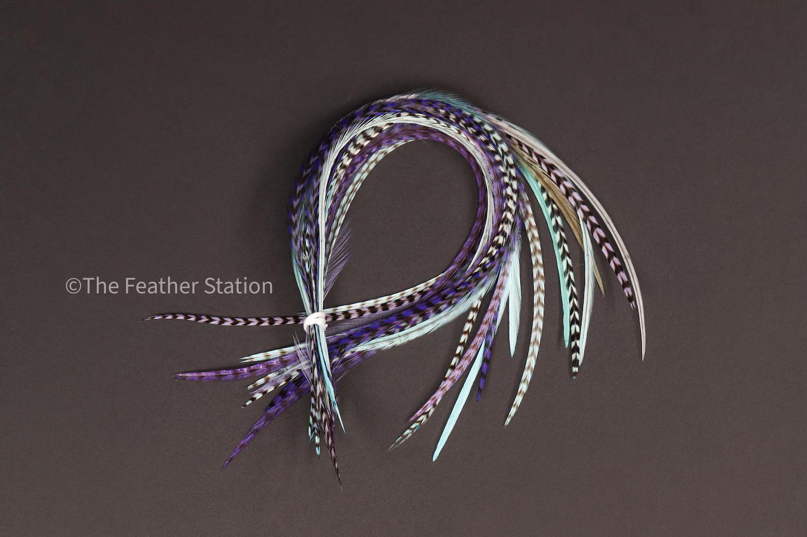 5 Hair Feather Extension Kit 20-25 cm / 9-11'' Purple and Blue colourful stripped feathers, Cute mermaid turquoise marine hair accessories