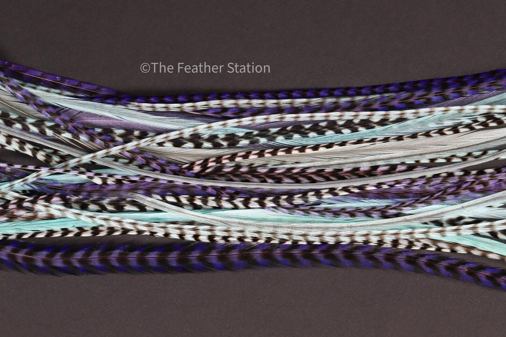 Purple and Blue 5 Hair Feather Extension Kit 20-25 cm / 9-11''