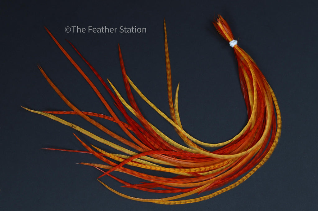 Sunset Real Feather hair extension kit, 20-25 cm / 9-11'' bright Red & Orange striped, boho hippie festival summer accessories