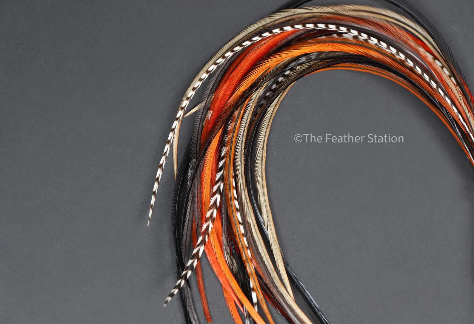 FIRE Feather Hair Extension DIY kit, real feathers 20-25 cm / 9-11'', red orange black & white, boho hippie halloween festival hair add on