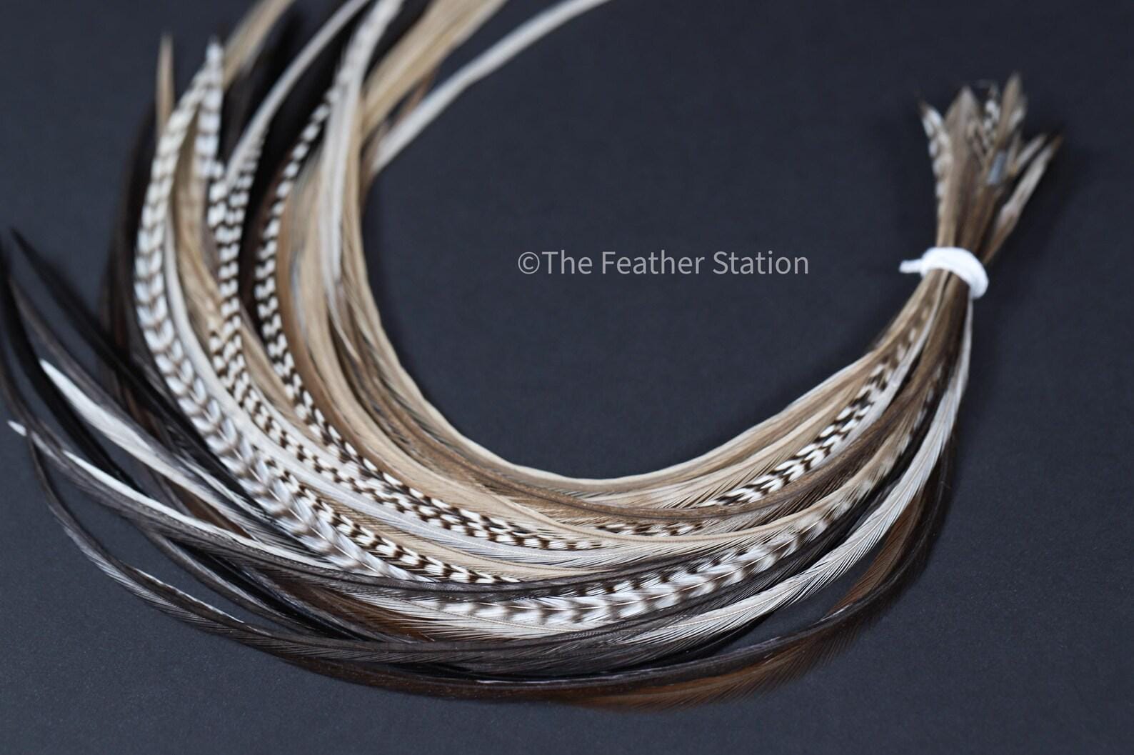 Cappuccino, DIY Feather Hair Extension Kit, 20-25 cm / 9-11'' Natural grizzly feathers, Natural hair, Earthy bridal fairy anime hair