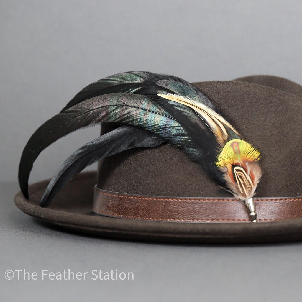 Extra long black iridescent feather hat pin
