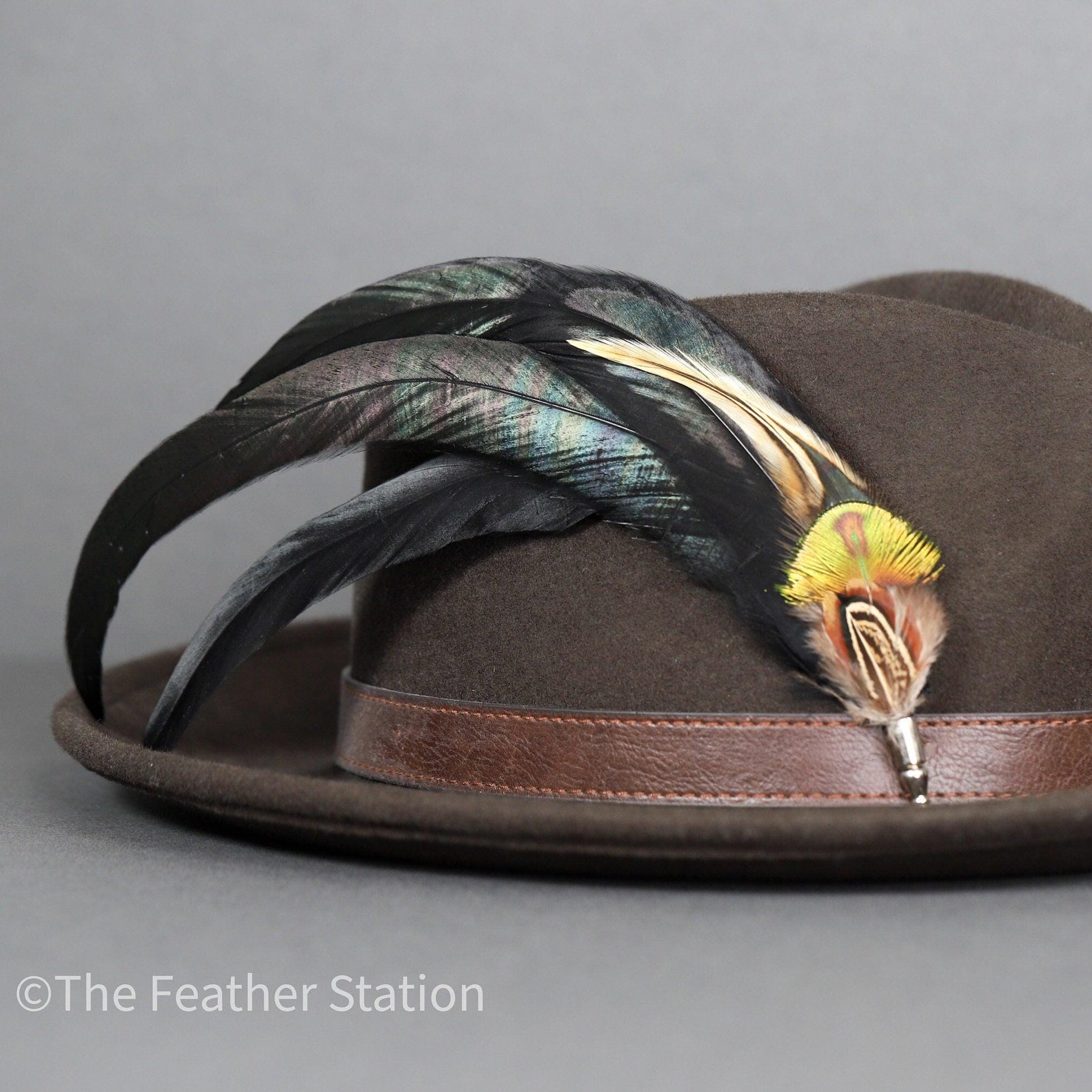Extra long black iridescent feather hat pin
