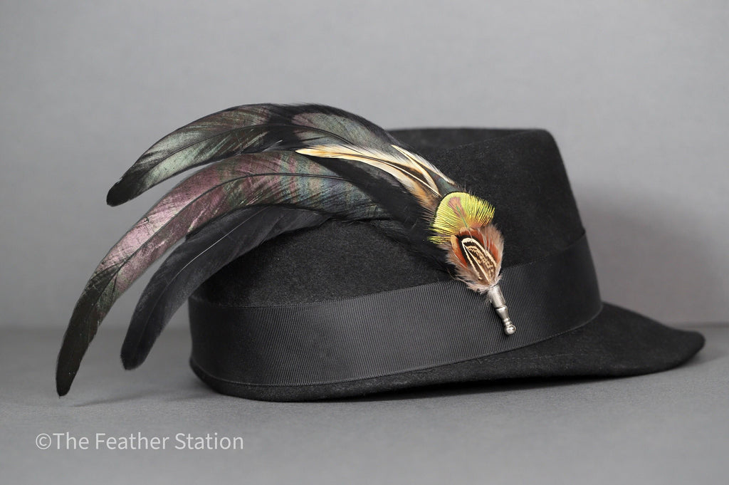 Extra long black iridescent feather hat pin