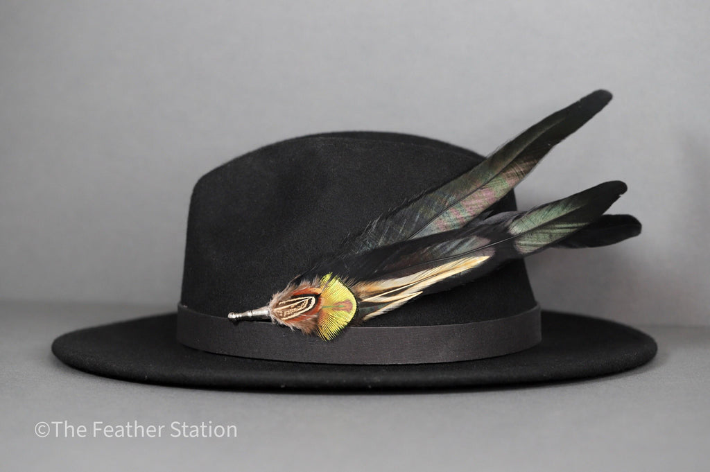 Extra long black iridescent feather hat pin