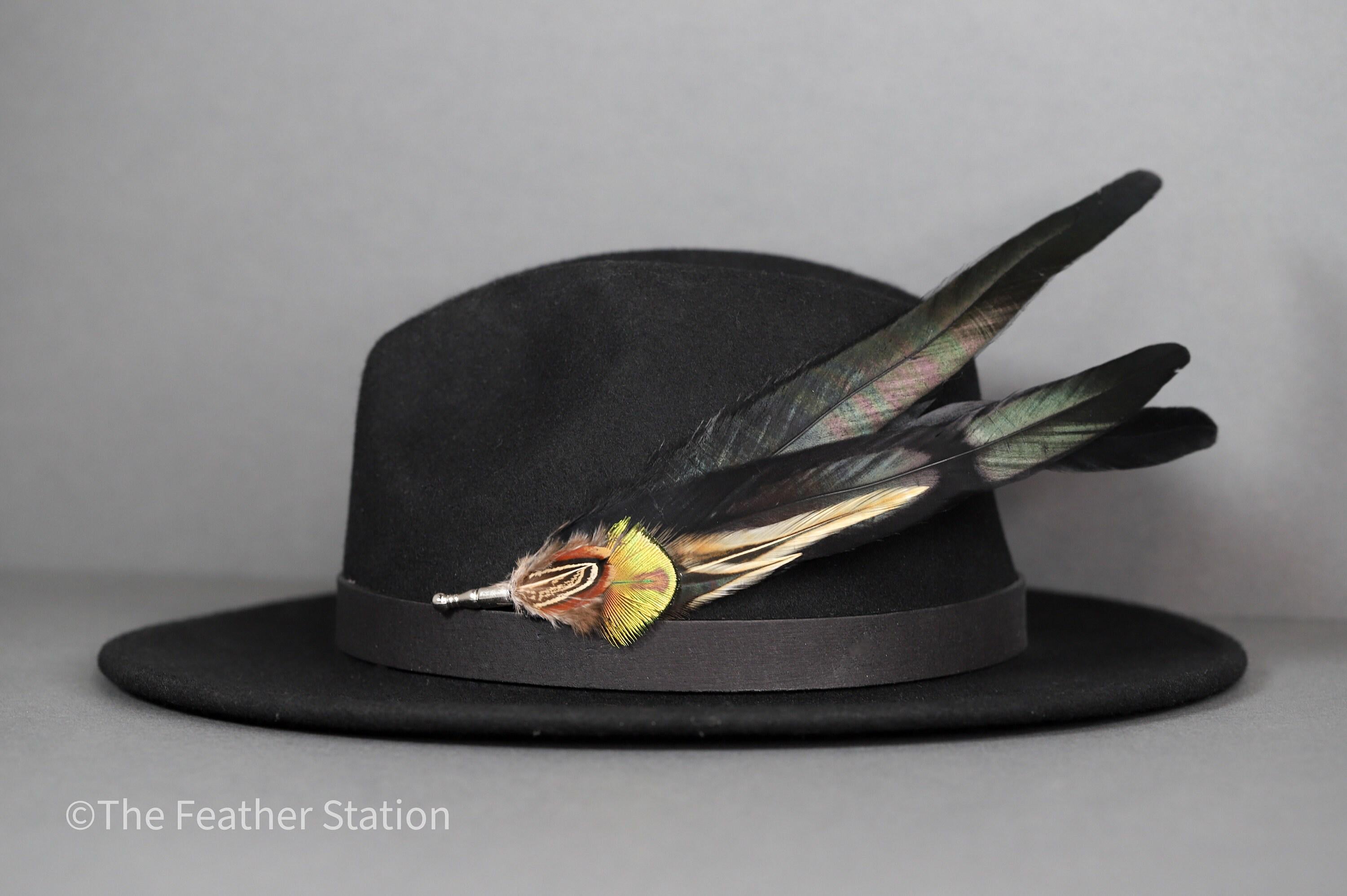 Extra long black iridescent feather hat pin