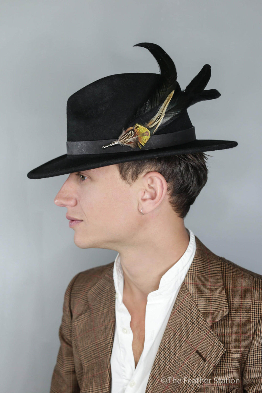 Extra long black iridescent feather hat pin