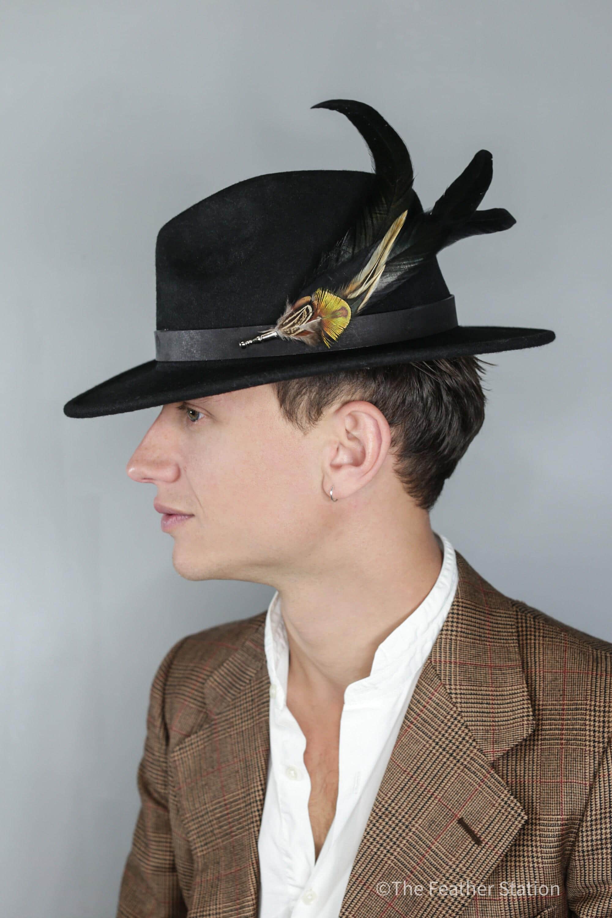 Extra long black iridescent feather hat pin