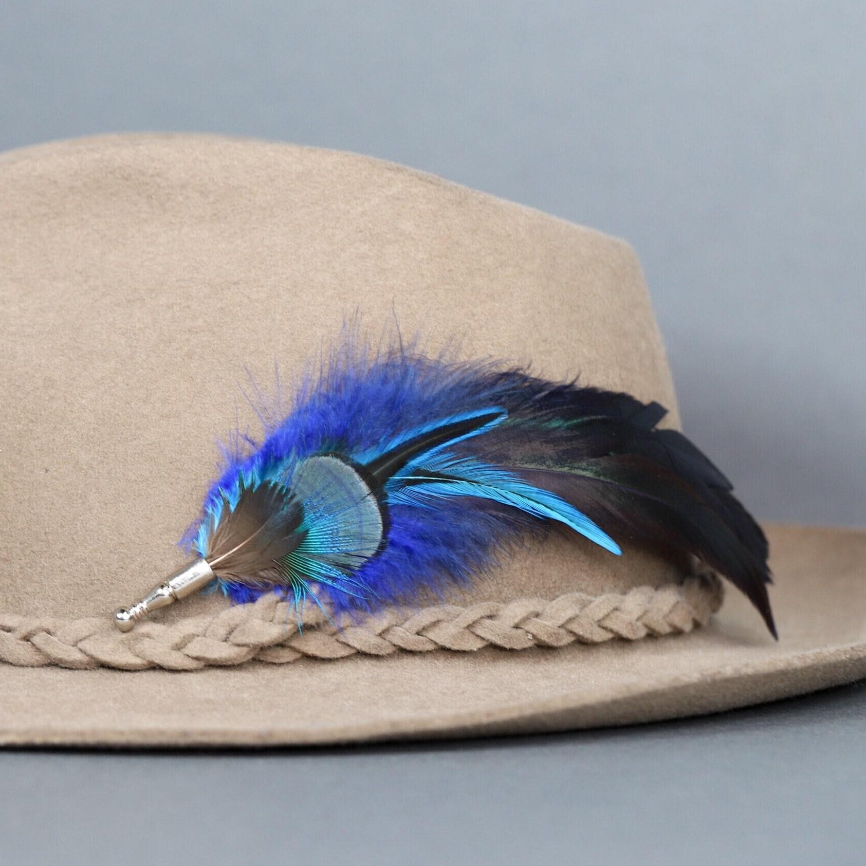 Electric blue feather feather hat pin