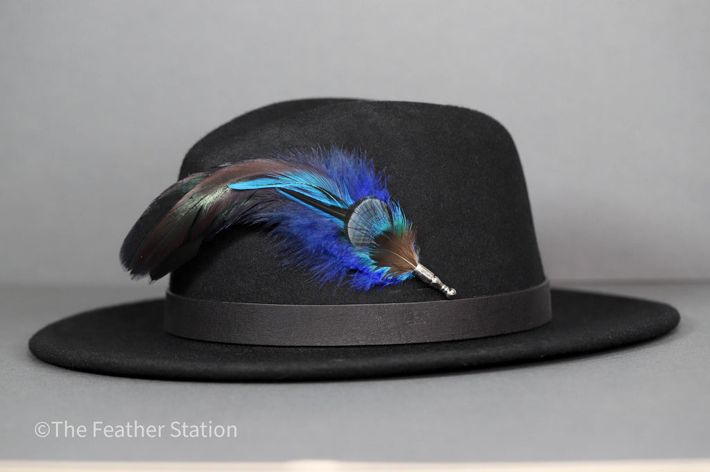 Electric blue feather feather hat pin