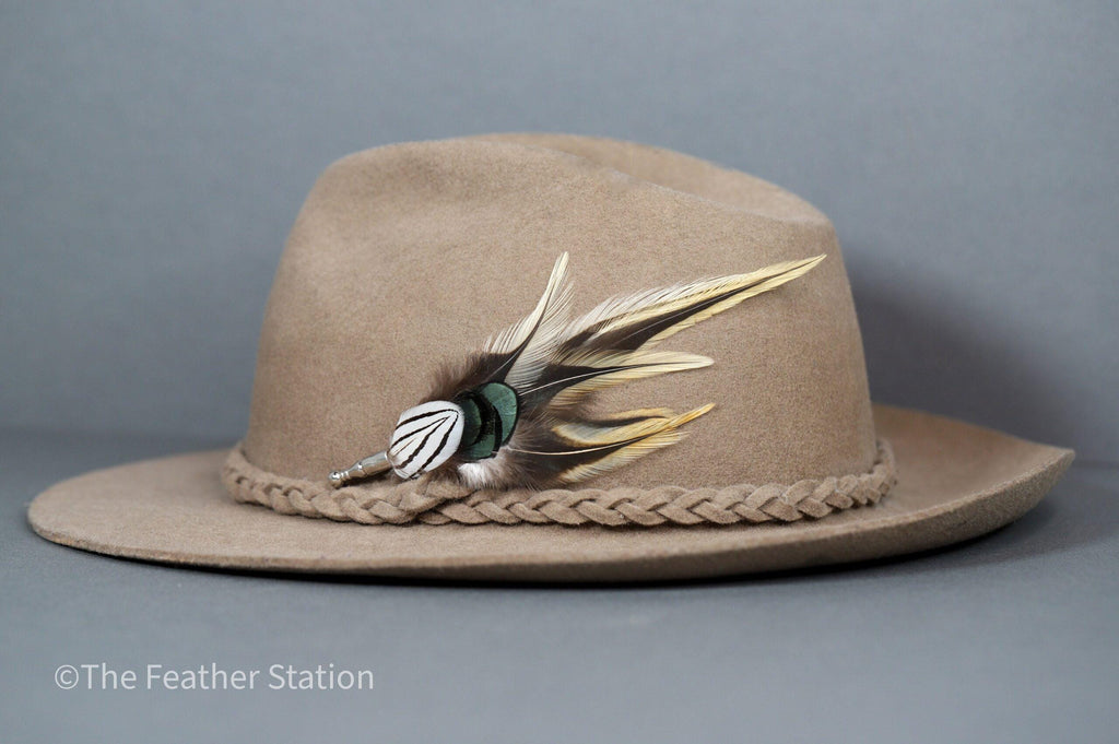 Handmade natural golden tip feather hat pin