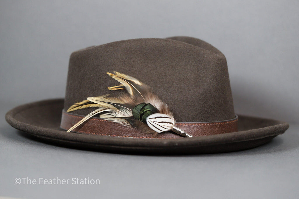 Handmade natural golden tip feather hat pin