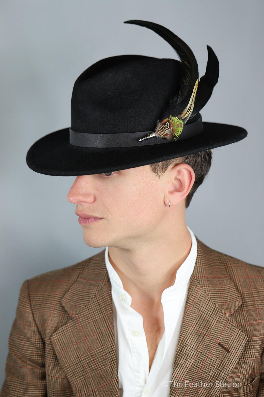 Extra long black iridescent feather hat pin