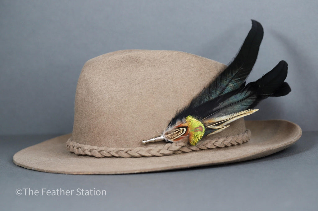 Extra long black iridescent feather hat pin