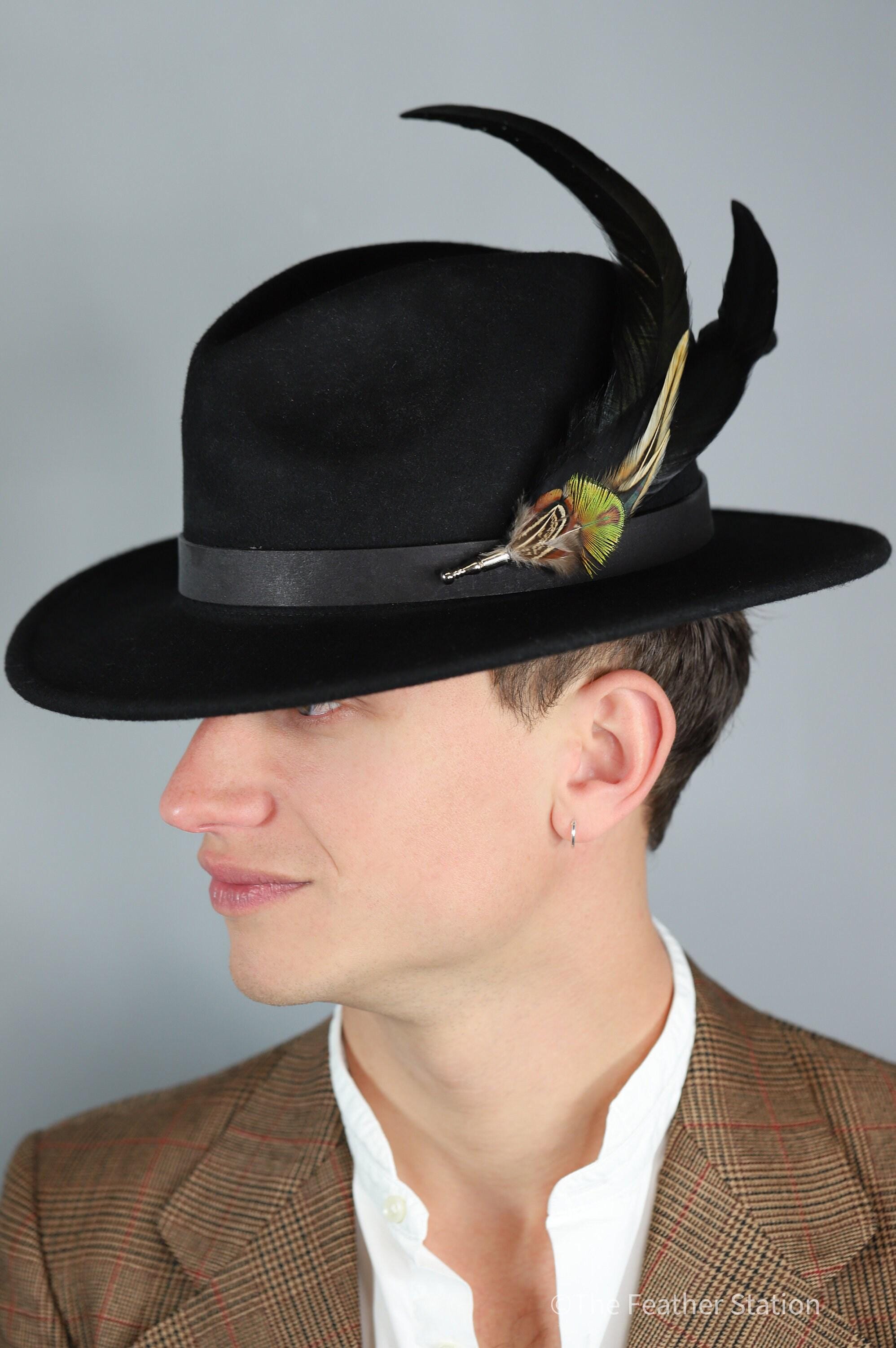 Extra long black iridescent feather hat pin
