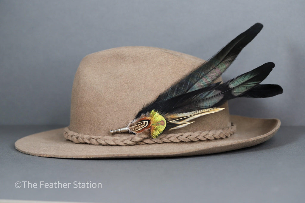 Extra long black iridescent feather hat pin