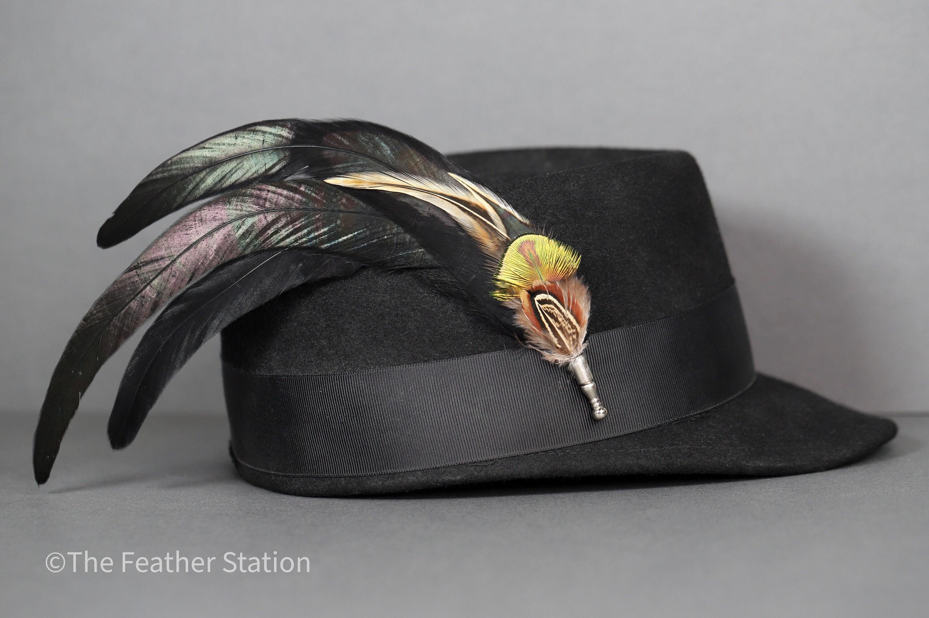 Extra long black iridescent feather hat pin
