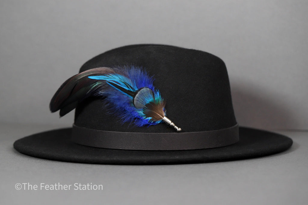 Electric blue feather feather hat pin