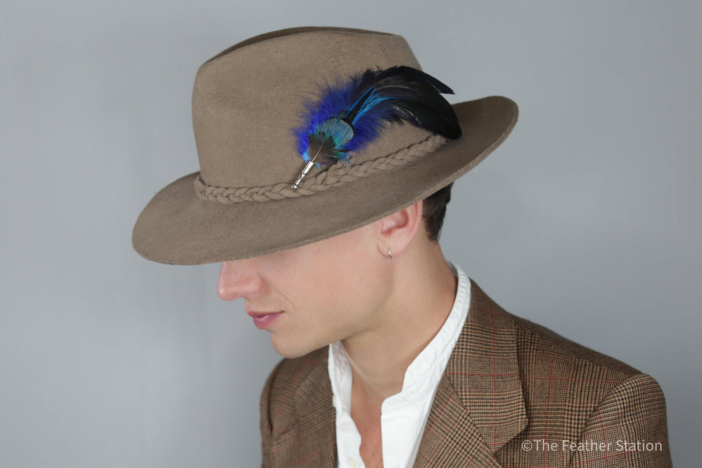 Electric blue feather feather hat pin