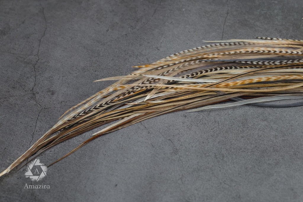 5 Feather Hair Extension DIY Kit, 7-18'' Natural stripped brown grizzly feathers, Hair enhancement additions festival accessory