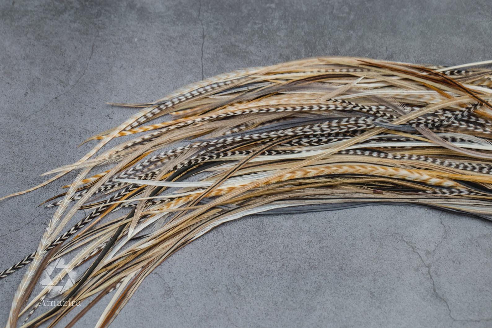 5 Feather Hair Extension DIY Kit, 7-18'' Natural stripped brown grizzly feathers, Hair enhancement additions festival accessory