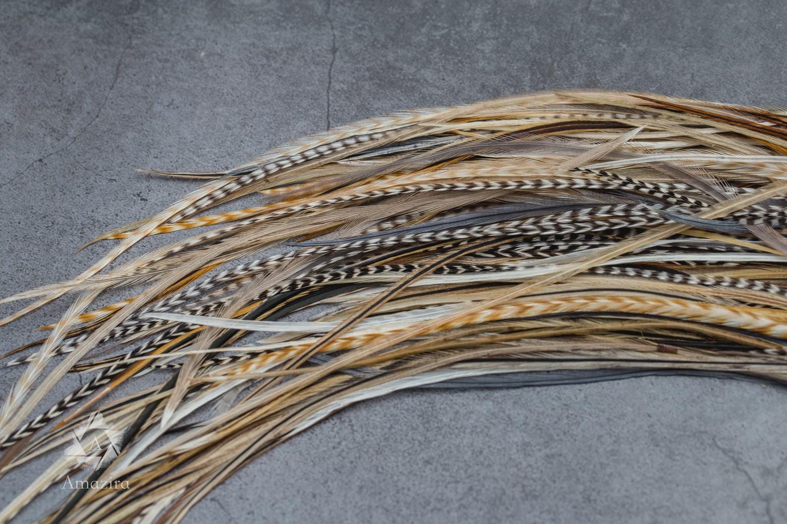 5 Feather Hair Extension DIY Kit, 7-18'' Natural stripped brown grizzly feathers, Hair enhancement additions festival accessory