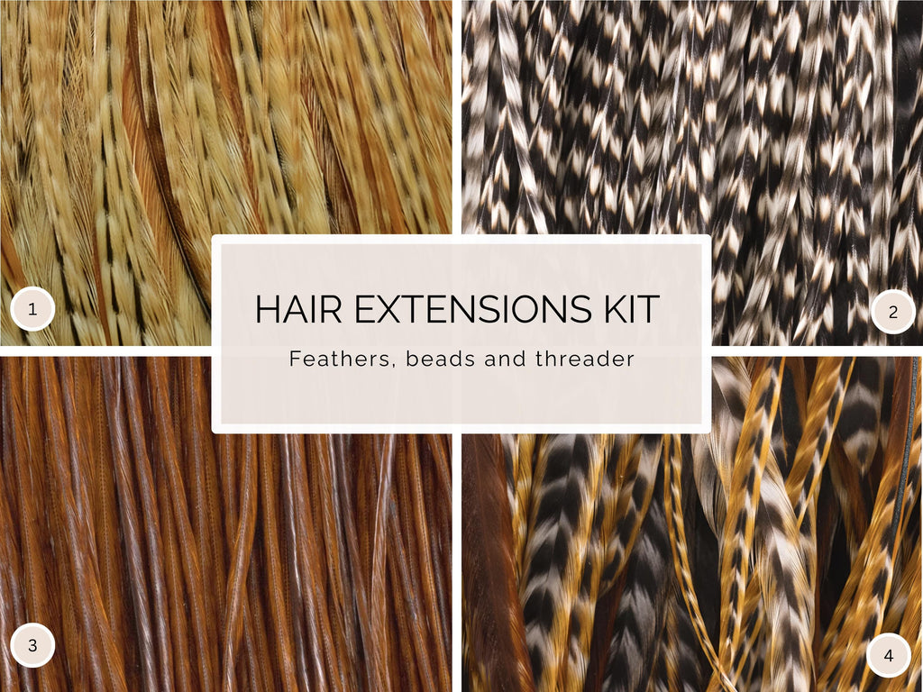 5 Feather Hair Extension DIY Kit, 7-18'' Natural stripped brown grizzly feathers, Hair enhancement additions festival accessory
