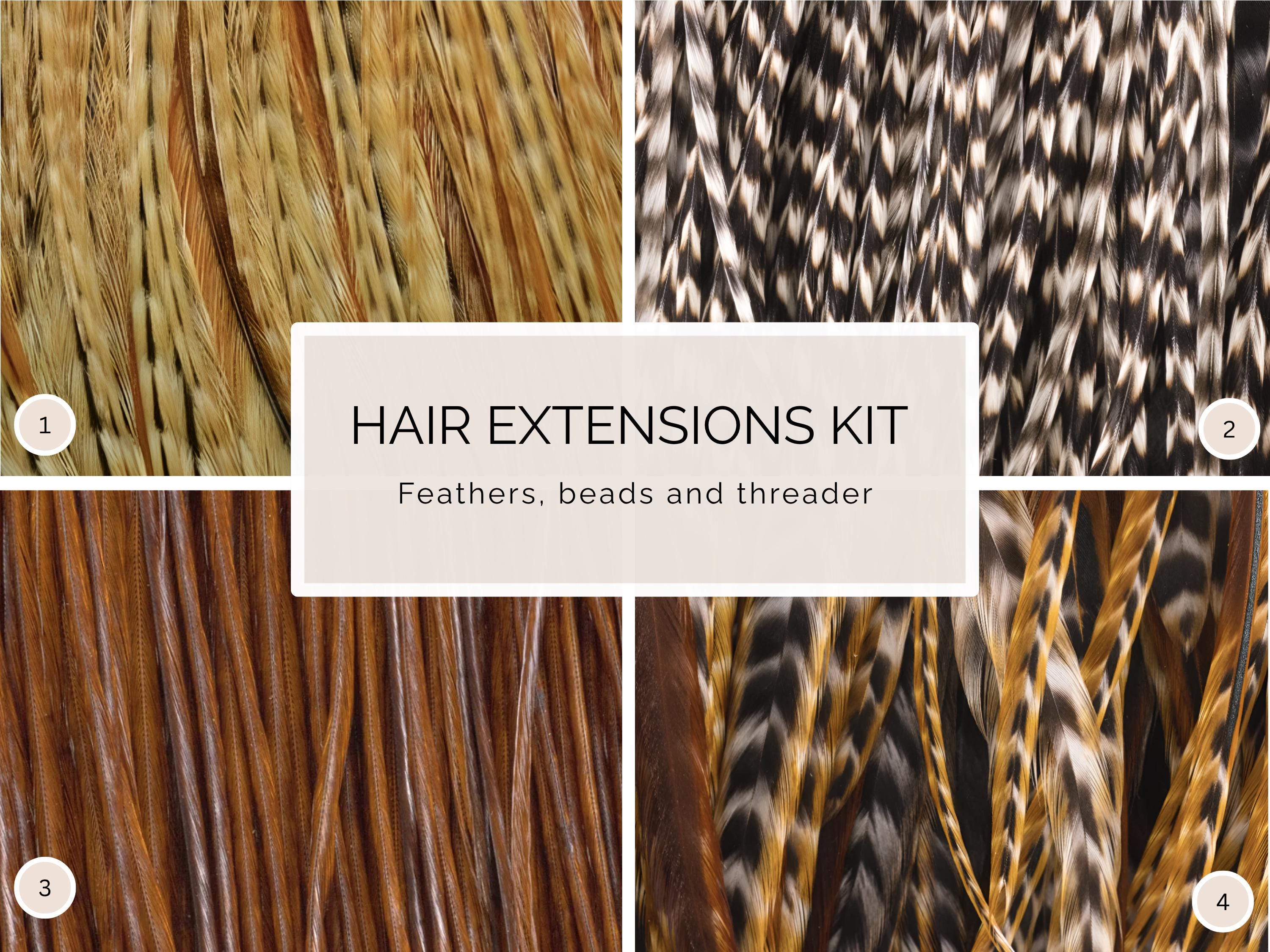 5 Feather Hair Extension DIY Kit, 7-18'' Natural stripped brown grizzly feathers, Hair enhancement additions festival accessory