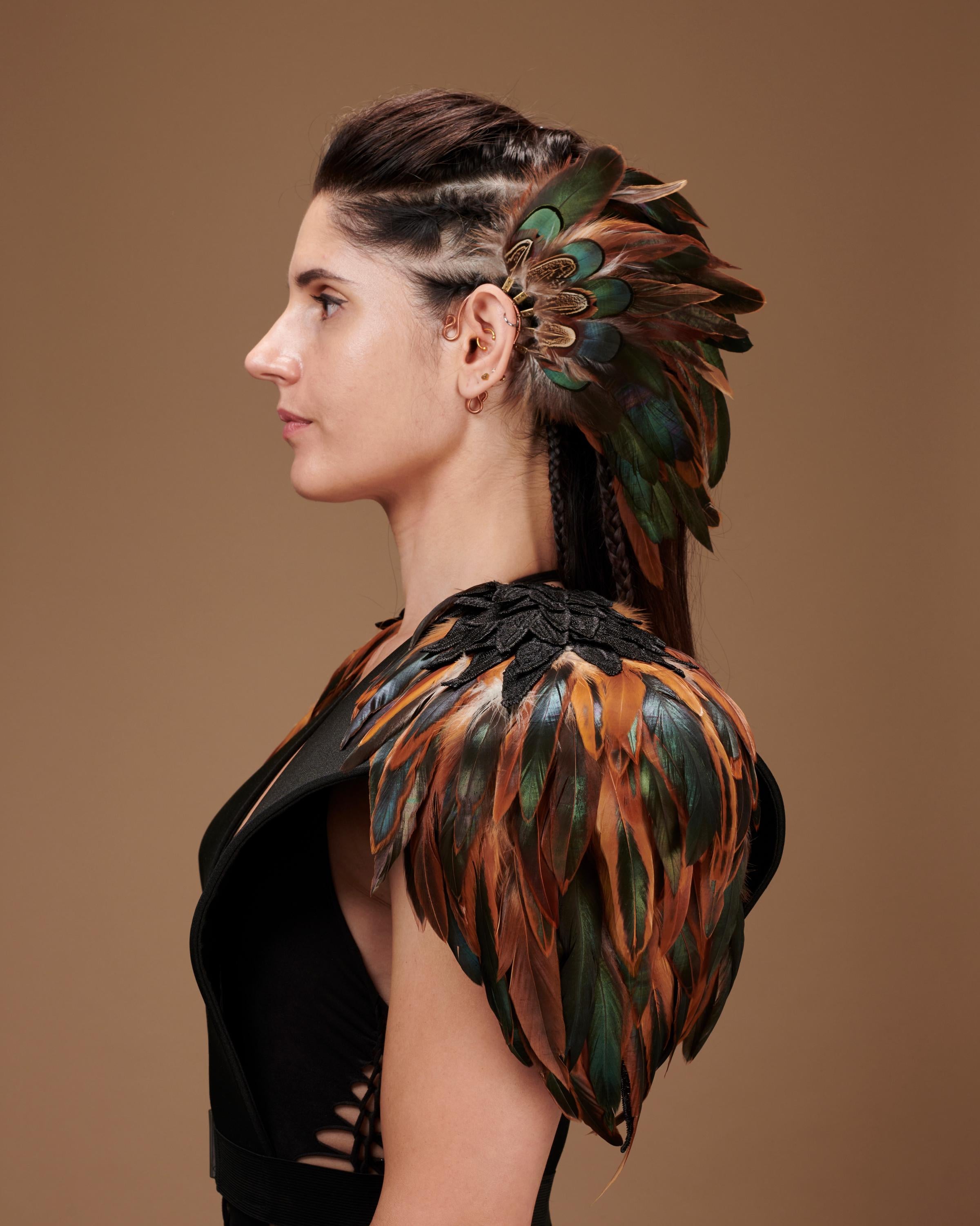 Brown natural feather Shoulder Wrap, Unique Costume Accessory for festival, larp, stage. Lightweight and adjustable