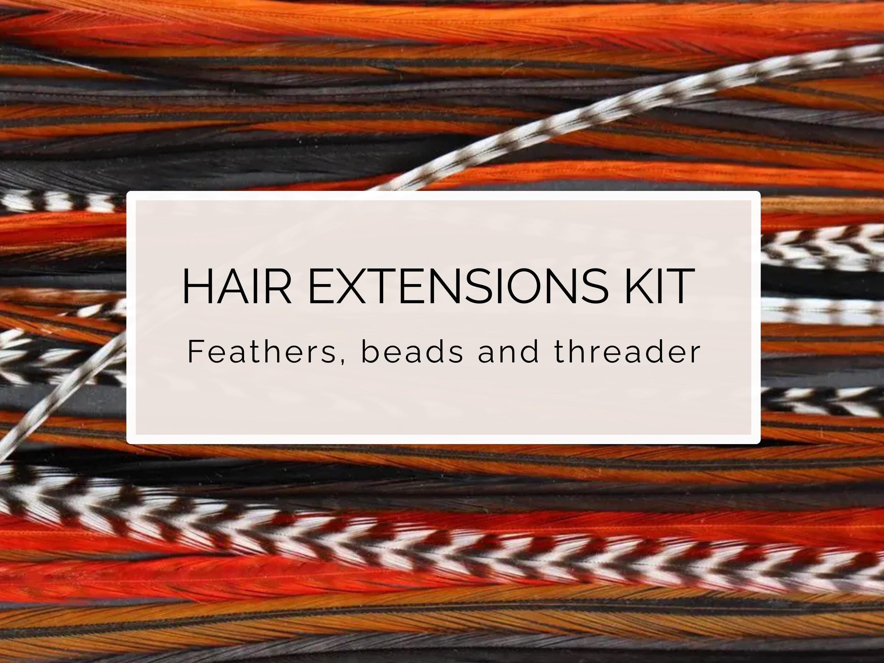 FIRE Feather Hair Extension DIY kit, real feathers 20-25 cm / 9-11'', red orange black & white, boho hippie halloween festival hair add on