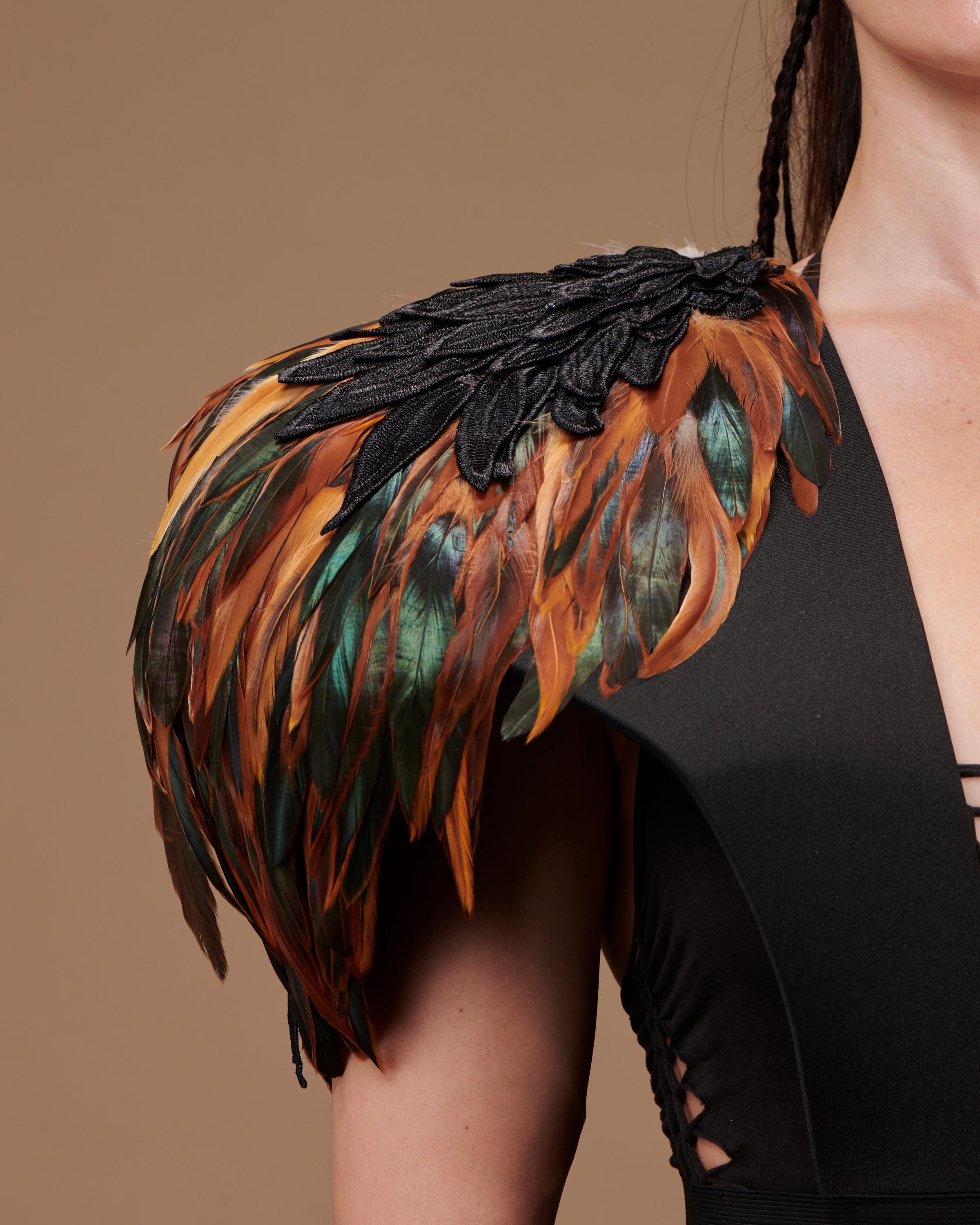 Brown natural feather Shoulder Wrap, Unique Costume Accessory for festival, larp, stage. Lightweight and adjustable