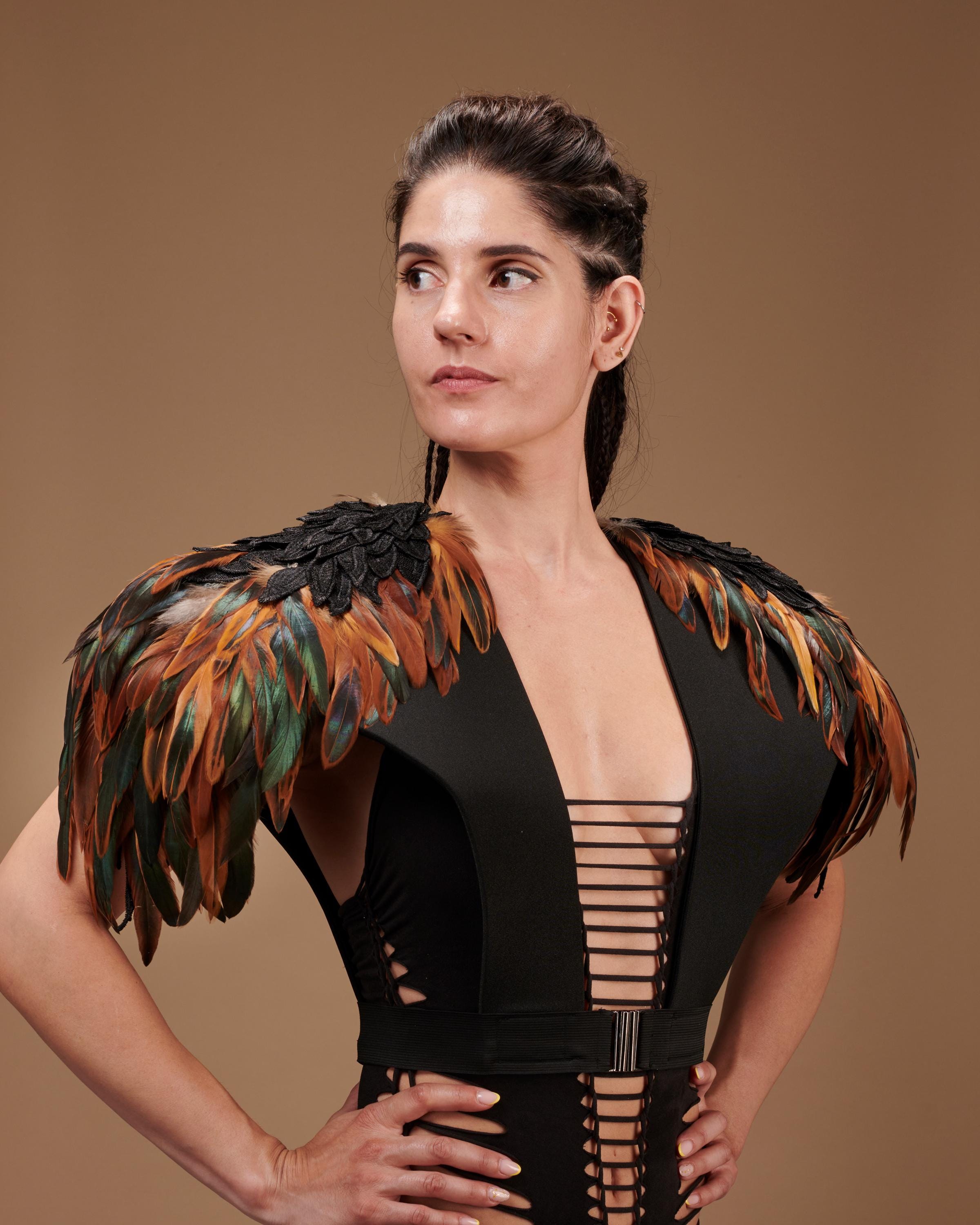 Brown natural feather Shoulder Wrap, Unique Costume Accessory for festival, larp, stage. Lightweight and adjustable